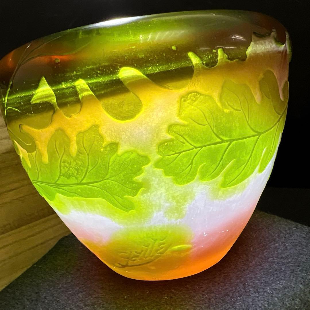 エミール・ガレ　第二期工房酸化腐食彫花入　木箱　幅約14㎝東Y8-0130☆1F エミール・ガレ 第二期工房酸化腐食彫花入 木箱 幅約14