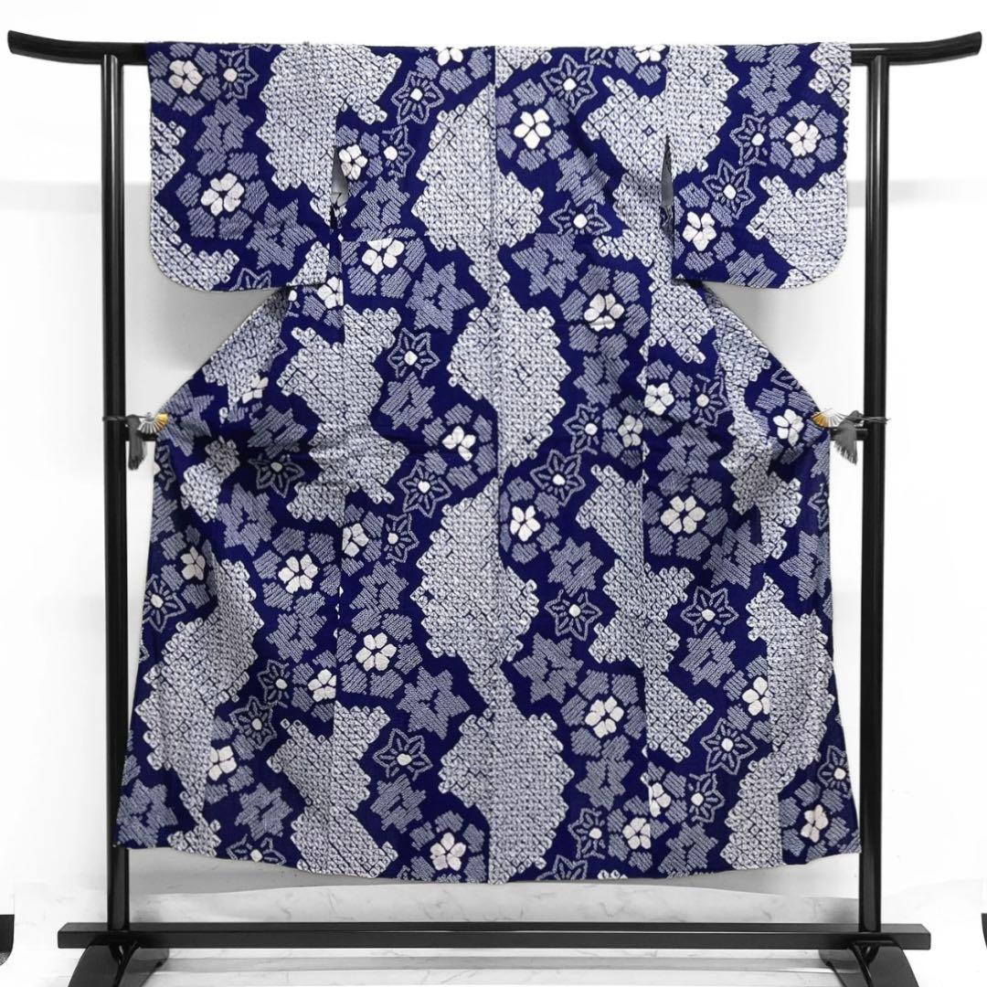 浴衣 有松鳴海絞り 花模様 楓 鹿の子 ネイビー 着物 034a d - メルカリ