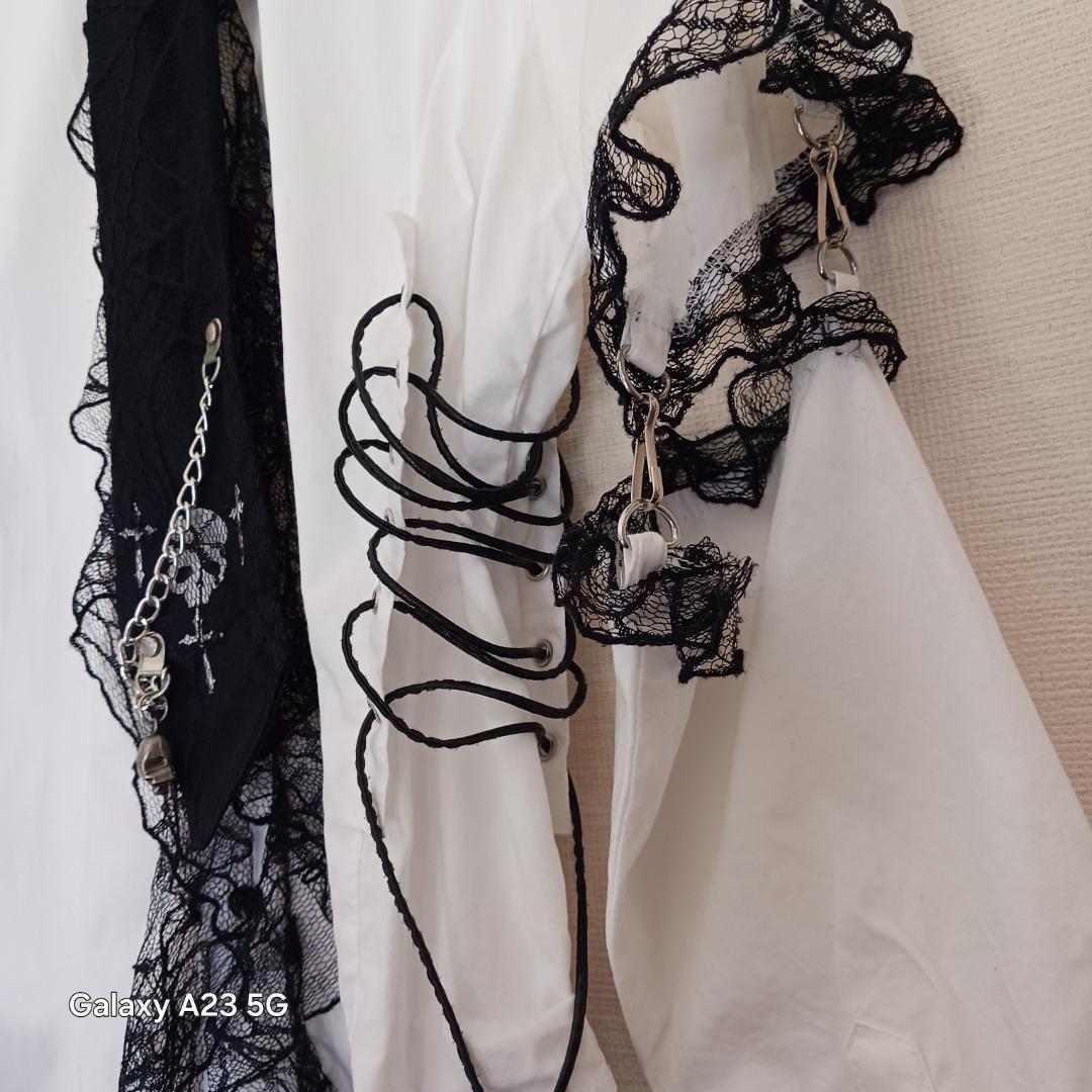 ゴス パンク ボンテージシャツ L 袖脱着式 レース ネクタイ スカルチェーン