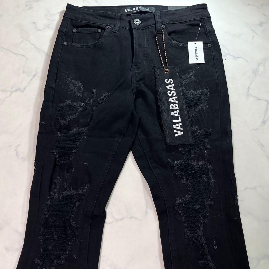 専用バラバサスvalabasas スキニーフレアデニム ブラック ダメージ 30