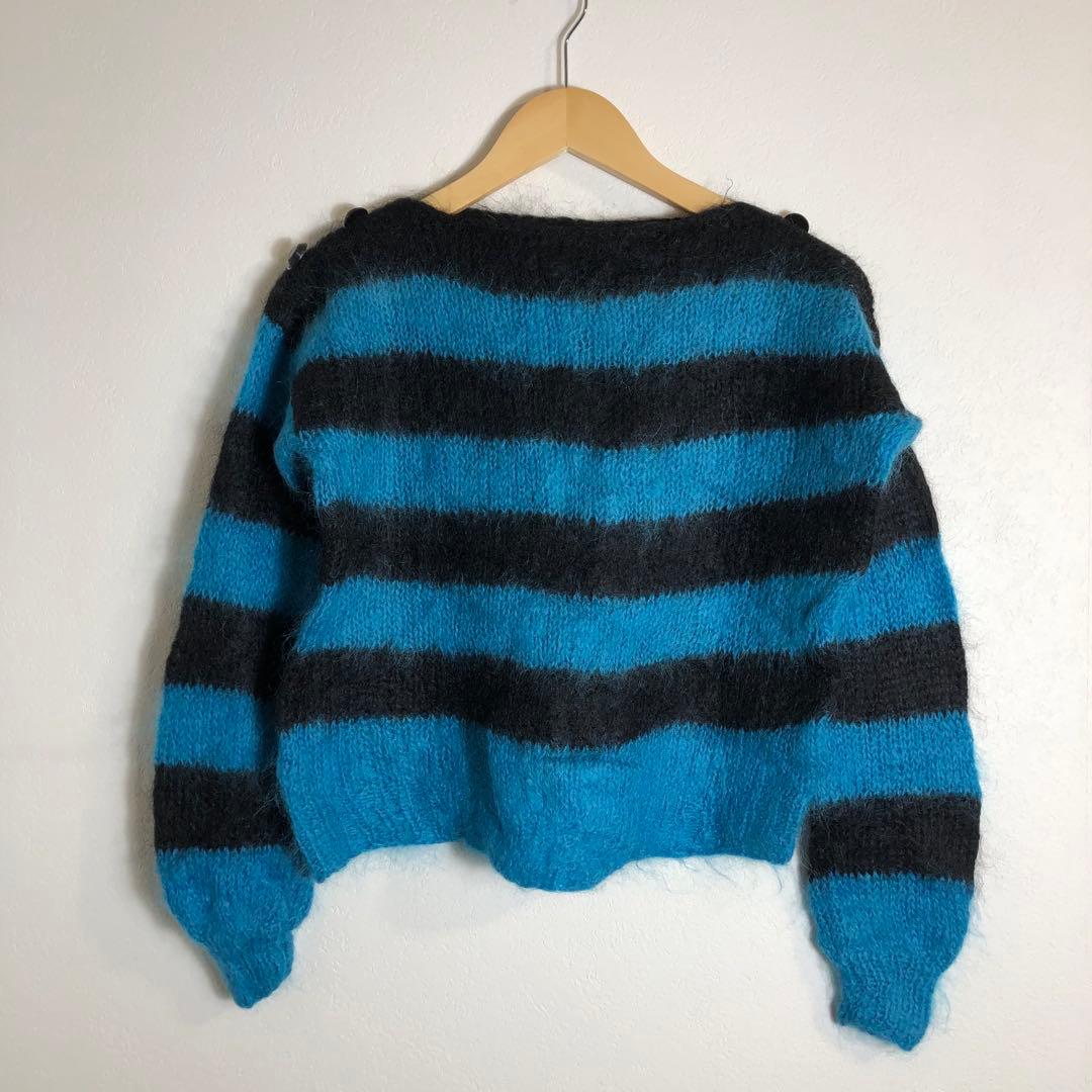 美品】Y2K 古着 モヘア風 シャギー ニット ボーダー ブルー グランジ