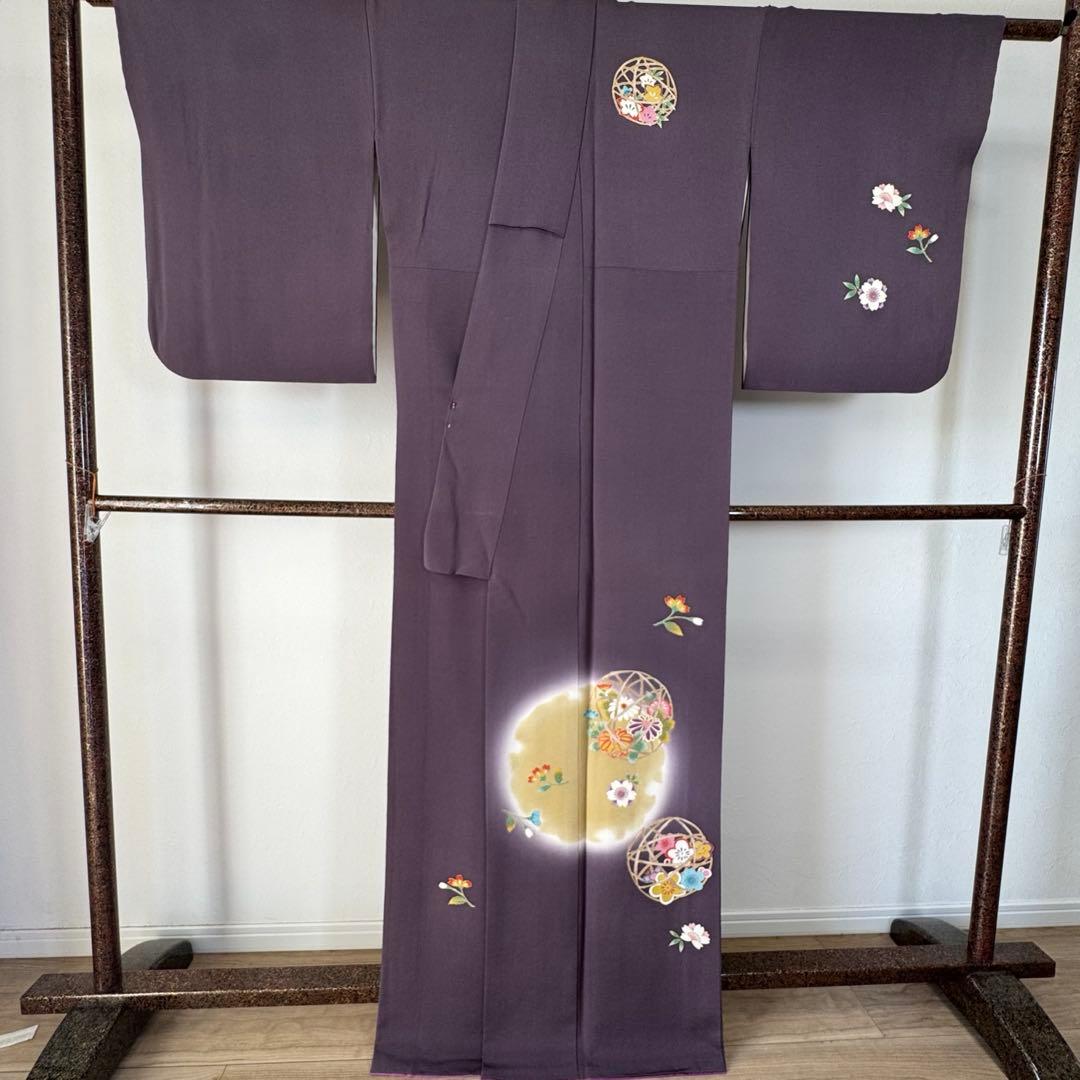 超美品 正絹 袷 訪問着 着物 168 裄70 ちりめん 金彩 紫 藤色 トール