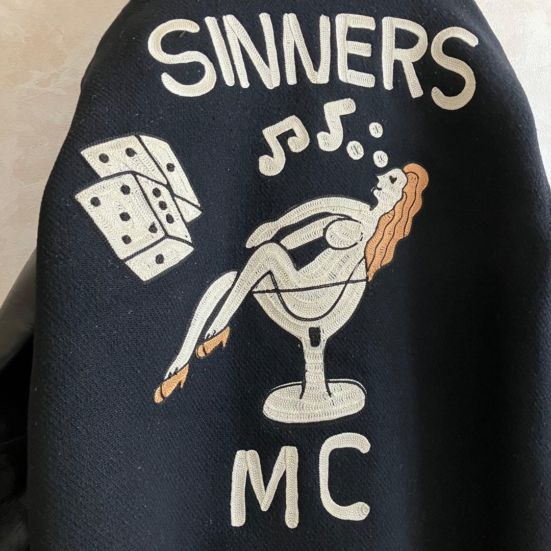 ジェラード 50's復刻 \"SINNERS\" チェーン刺繍 本革袖スタジャン 黒