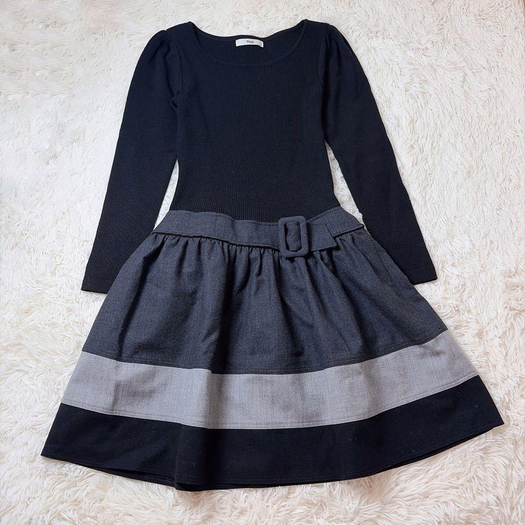 【美品】ルネ カシミヤ混 リブニット フレア ドッキングワンピース ブラック 極美品✨ ルネ カシミヤ混 リブニット フレア ドッキングワンピース S