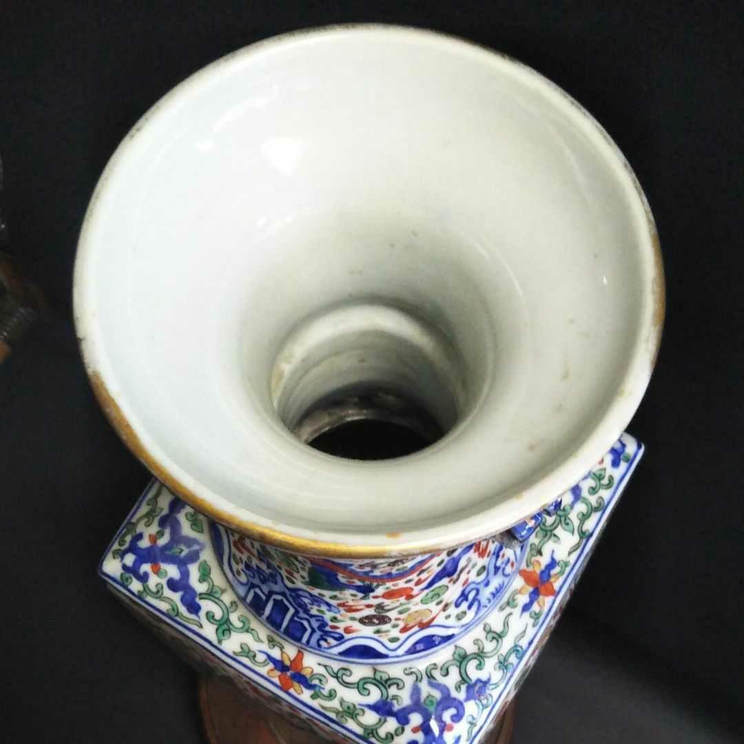 中国古美術/五彩纏枝賢人龍紋隻耳四方大瓶(款:大明万