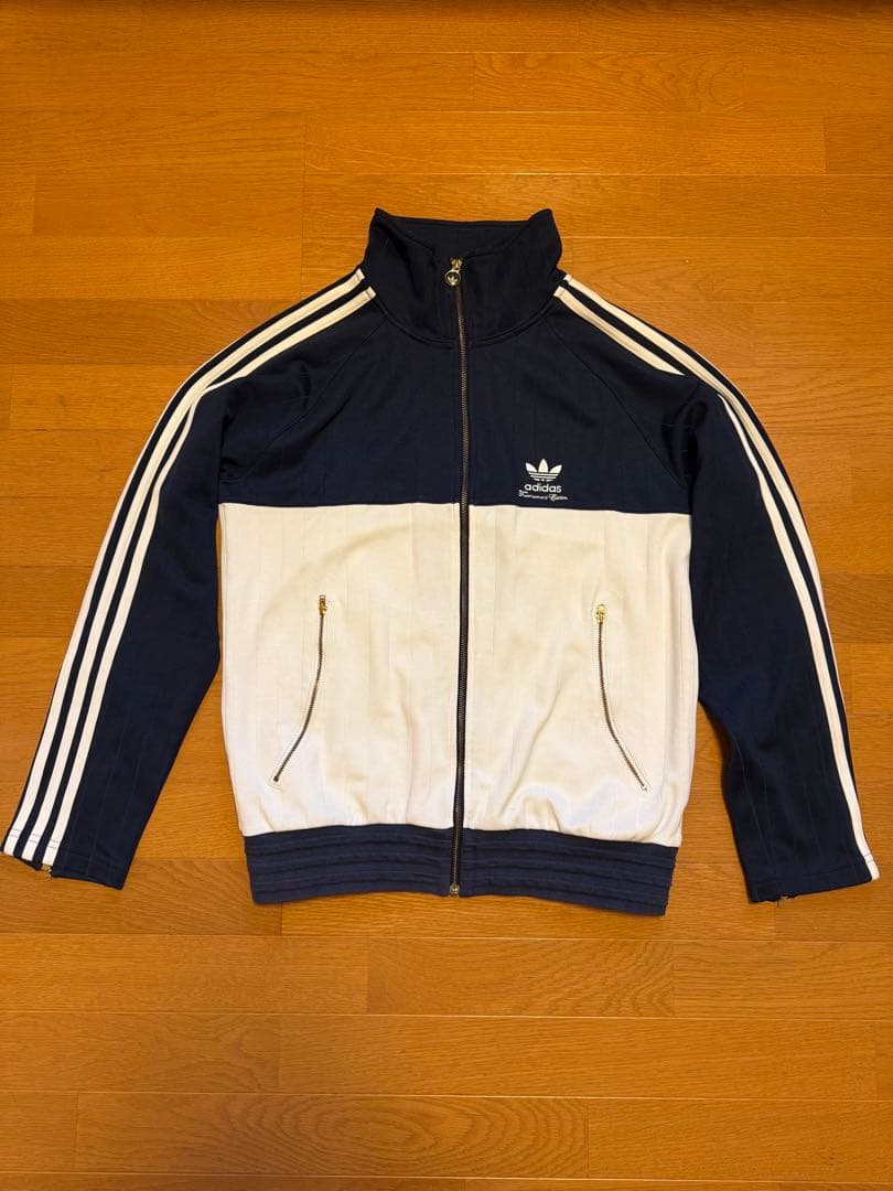 adidas トラックジャケット ジャージ ネイビー×白 L 刺繍ロゴ 3ライン