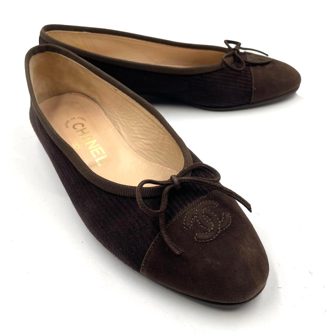 《超美品》シャネル ココマーク フラットパンプス バレエ ストライプ柄 茶系