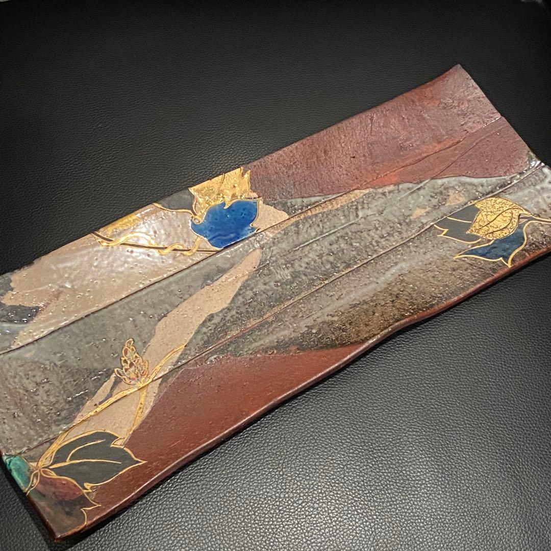 梅山窯 中村卓夫 象嵌色絵 長皿 盛皿 作家もの 共箱 共布 九谷焼 陶器