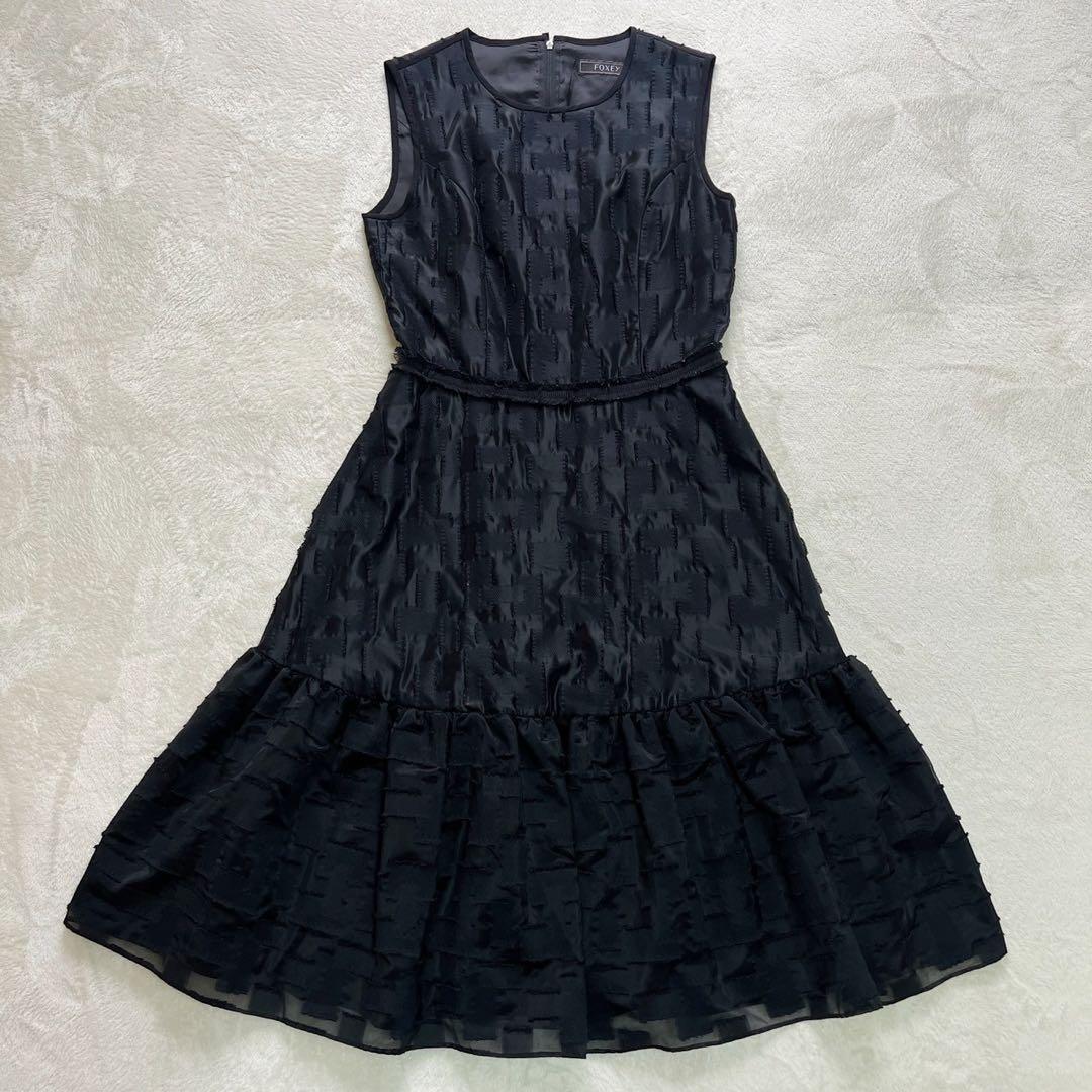 フォクシー FOXEY フレアワンピース ロング ノースリーブ 総柄 38 黒