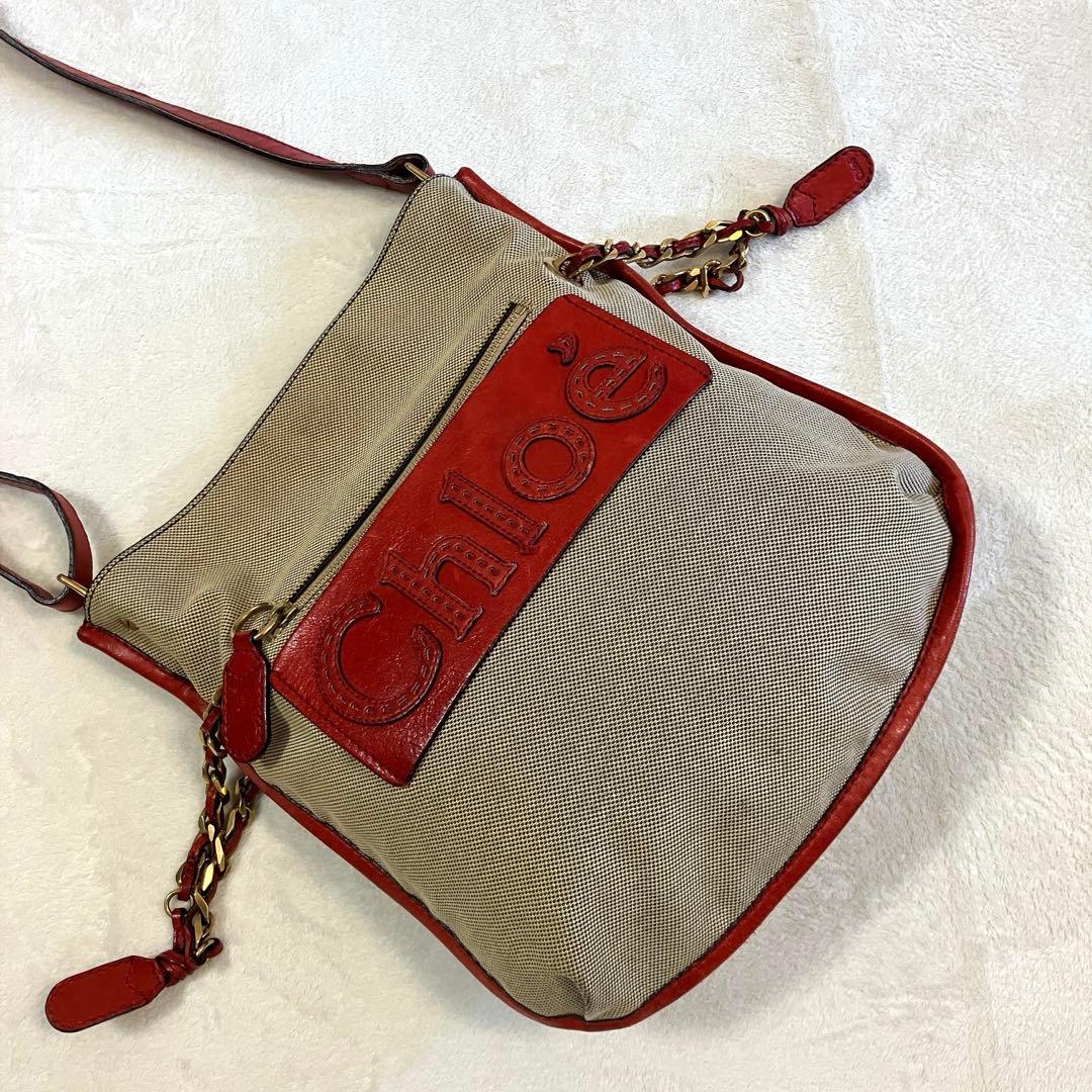 クロエ ハーレー キャンバス レザー ショルダーバッグ 斜め掛け 赤 Chloe（クロエ） ハーレー 斜め掛け ショルダーバッグ ベージュ レッド