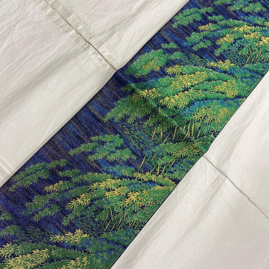 7375 未使用品 袋帯 正絹 六通 訪問着 色無地 付下 竹林 青 紫 緑