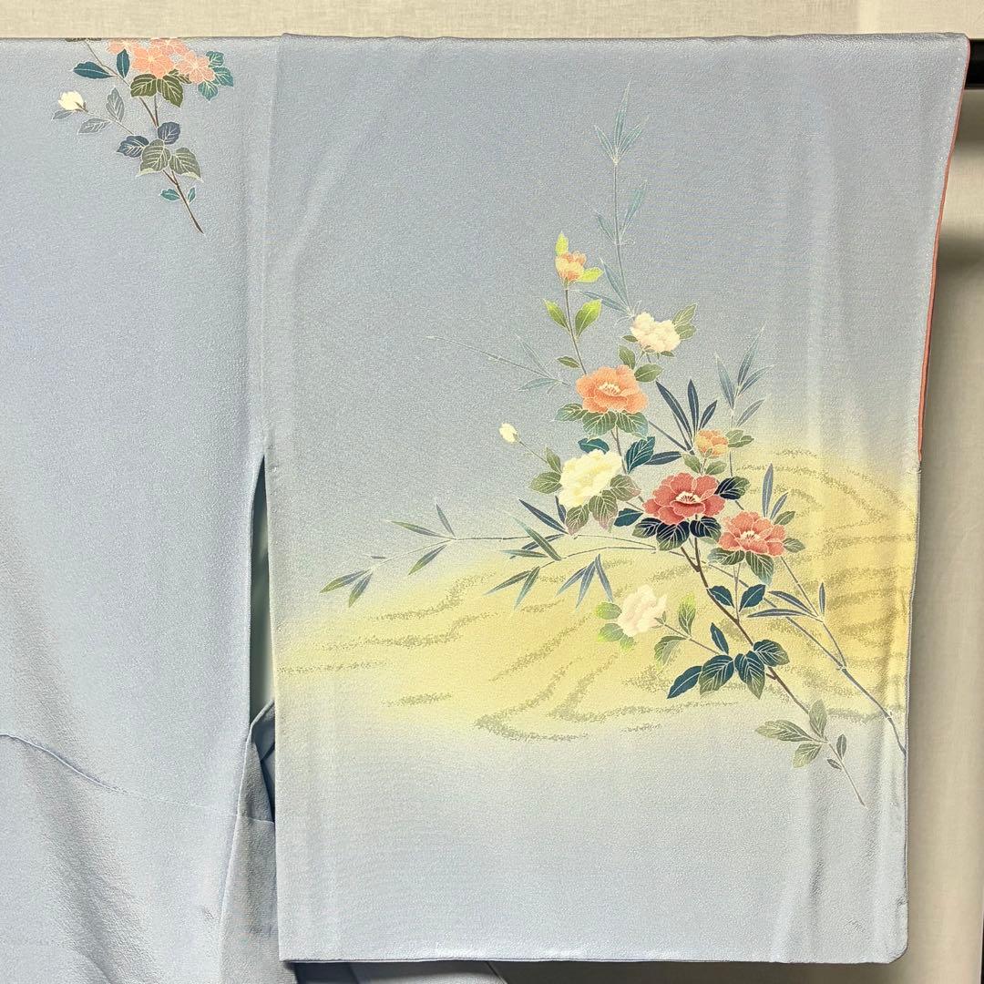 D312 訪問着 手描き友禅 花模様 正絹 着物 袷 しつけ糸付き未使用極美
