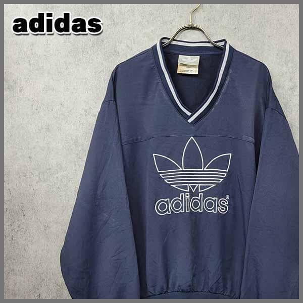 90s 古着 アディダス 刺繍 プルオーバー ナイロンジャケット ネイビー
