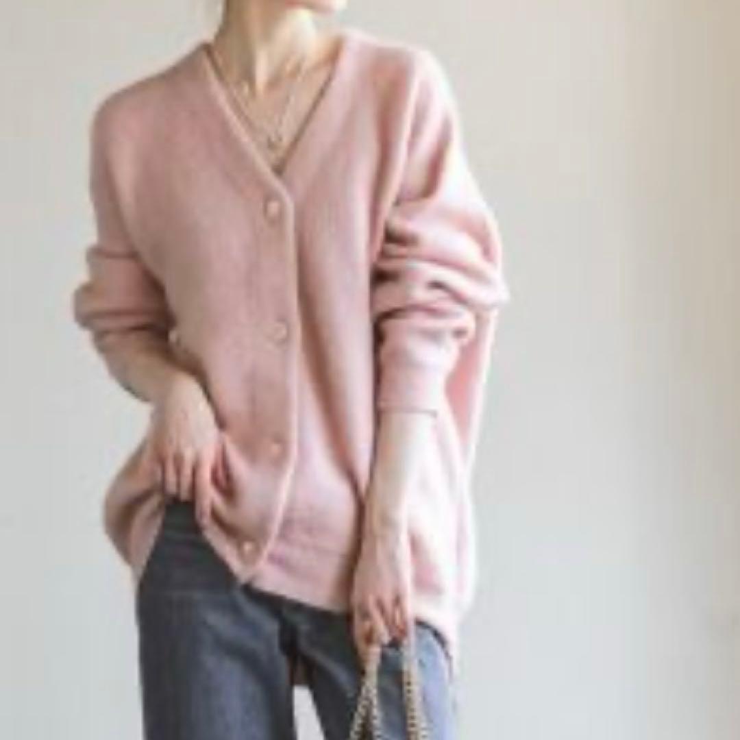 未使用タグ付き ノーブル モヘヤ 接結 ロングカーディガン ピンク