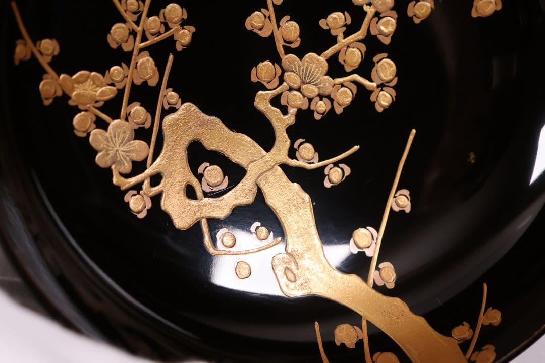 CM232】古い木皿 五客 梅 金蒔絵 黒塗 小皿 菓子皿 木製漆器 大正