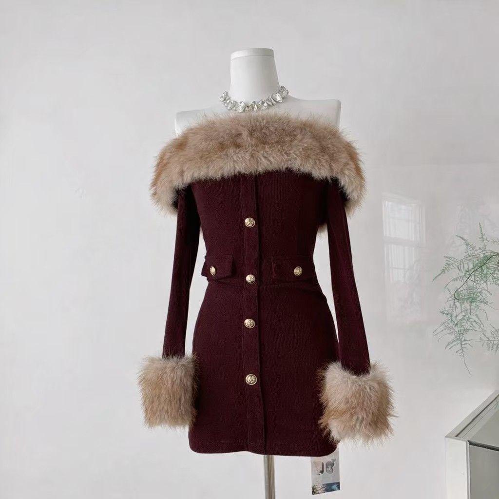 elオフショル ファー ワンピース miu系穿搭 韓国 ワンホン 量産型