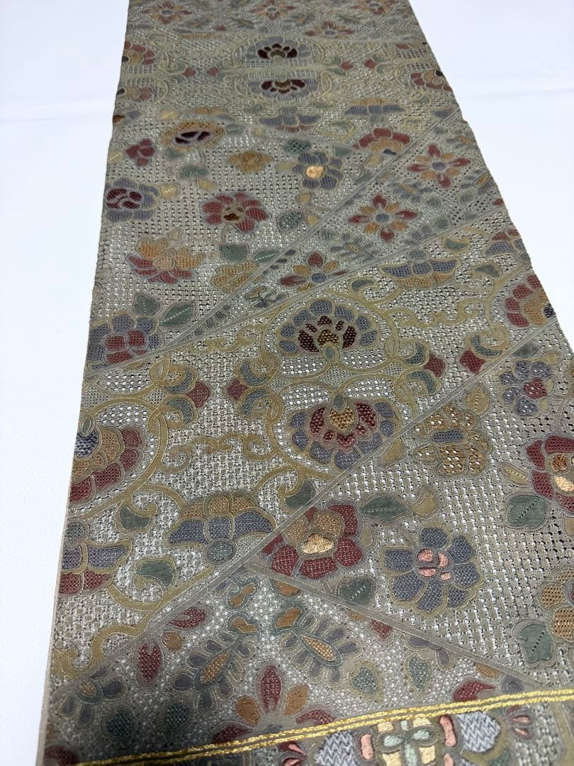 未使用品 高級 袋帯 正絹 六通柄 汕頭刺繍 蘇州刺繍 グリーン カラー芯