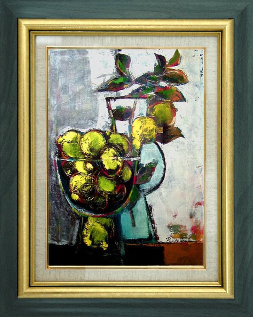 油絵 菅家令子絵 絵画インテリア額付(青緑＋金色の枠)uF6-063304レモン 油絵 菅家令子絵 絵画インテリア額付(青緑＋金色の枠)uF6-063304レモン