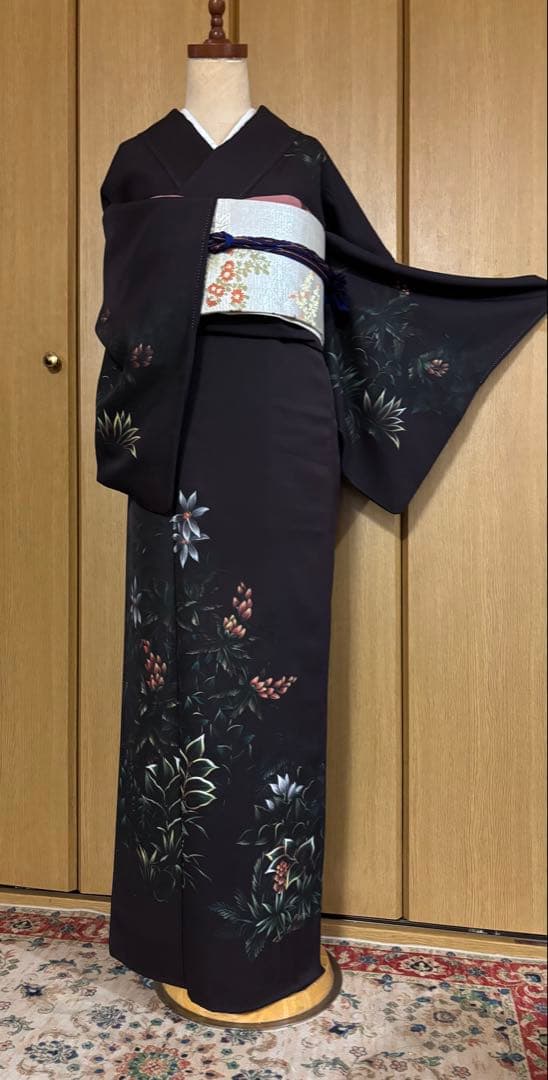 正絹付下げ トールサイズ 裄69 茶紫 油絵風 草花 身丈169.5 幻想的