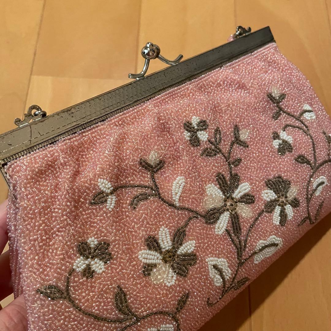 ピンク ビーズ 花柄刺繍 クラッチバッグ 和装バッグ お着物バッグ