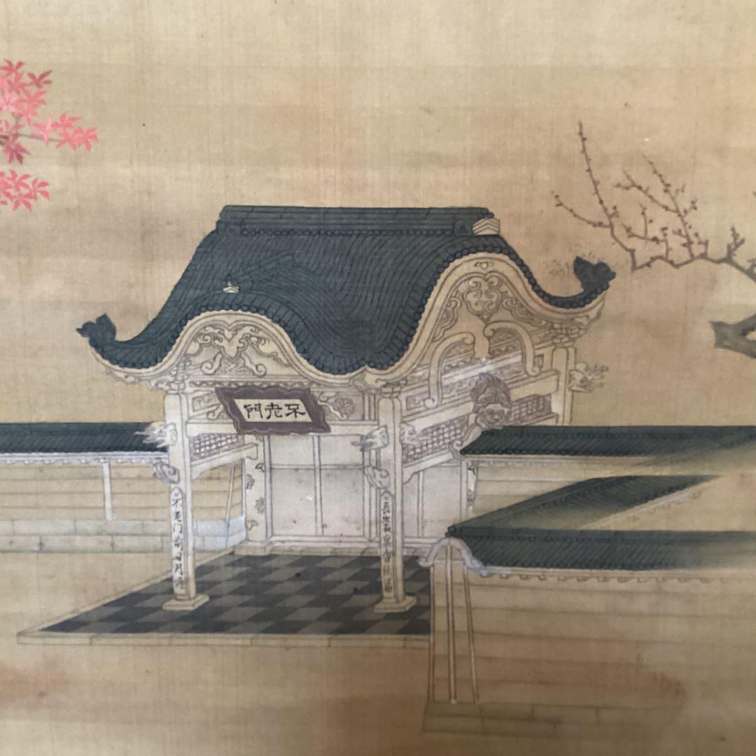 土佐派画紙本【朗詠集祝之詩意】不老門、長生殿之図 掛軸一幅 軸先良品