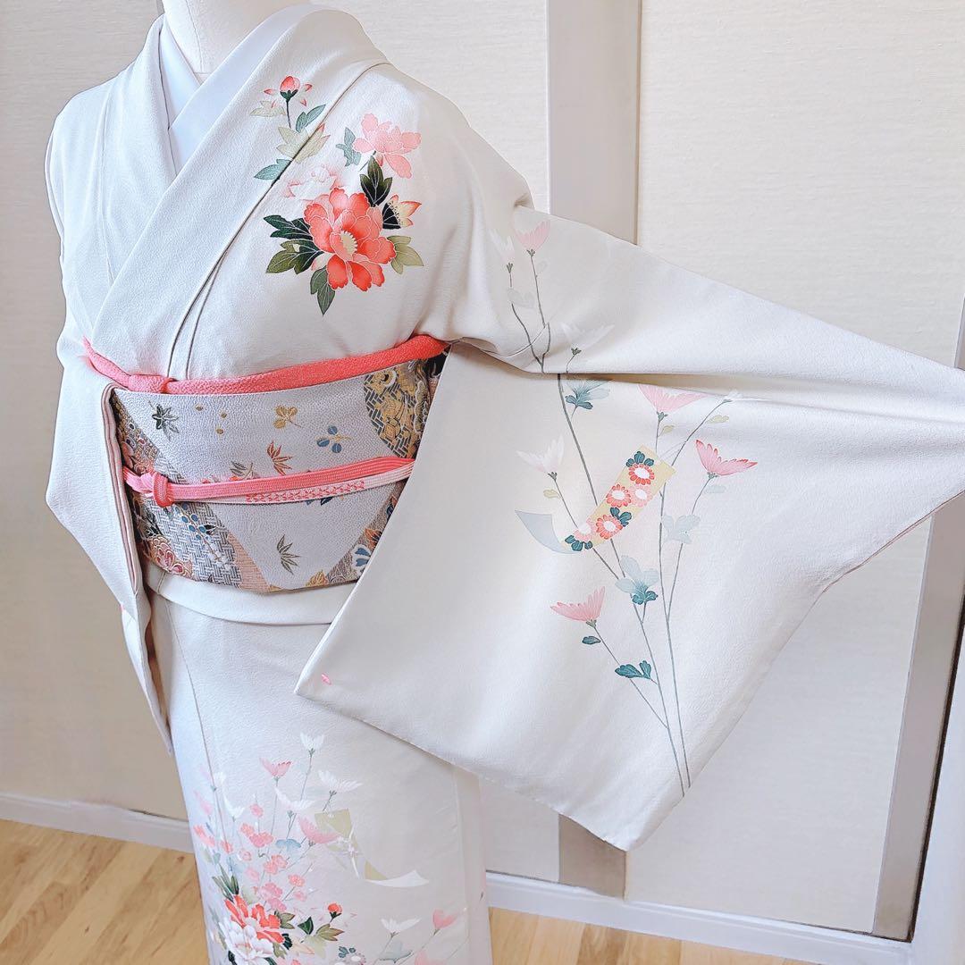 美品 訪問着 フルセット 裄68 友禅 卒業式 入学式 結婚式 袋帯 白 正絹