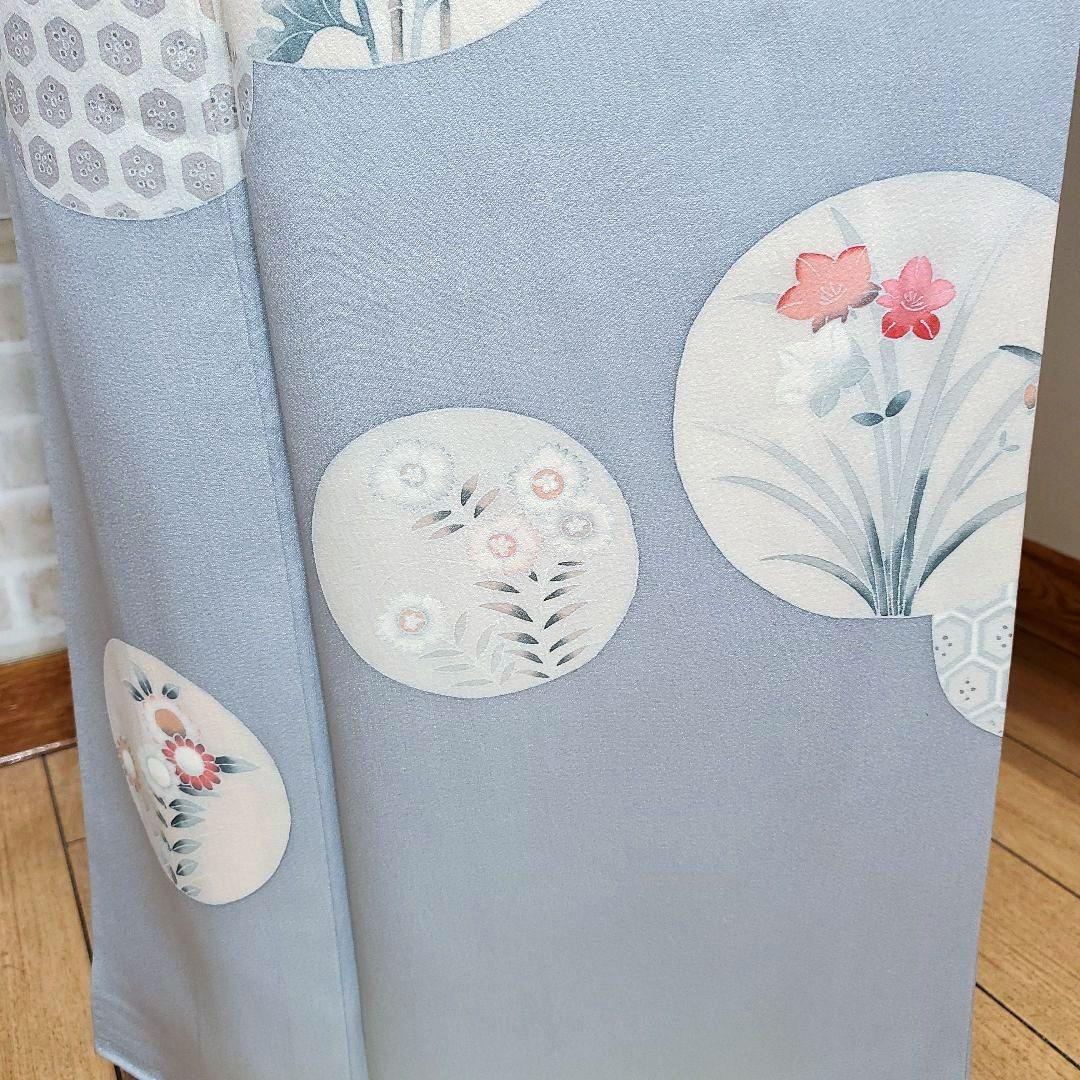 水色花の丸訪問着と袋帯・帯揚げ・帯締めの4点フルセット