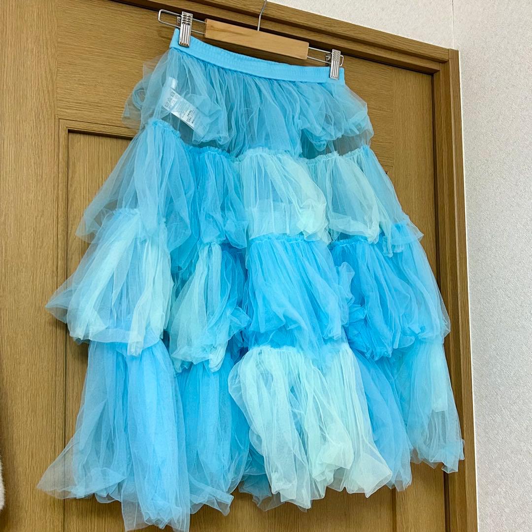 viviano チュールフリルロングスカート 水色 ブルー LITMUS