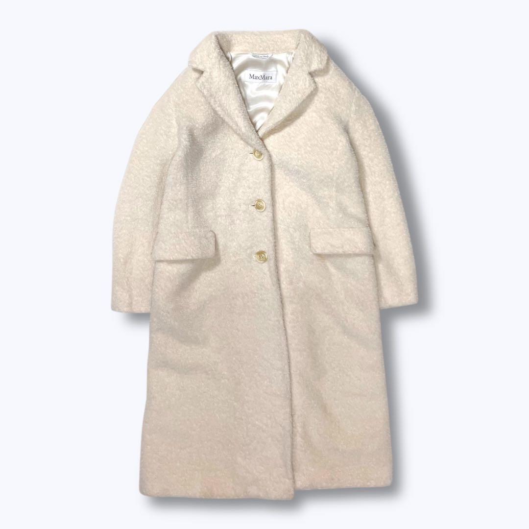 マックスマーラ 白タグ アルパカ混 チェスターコート 38 アイボリー