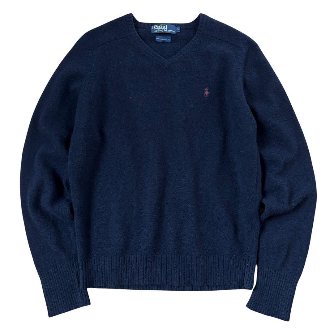 ポロラルフローレン Vネック ニットセーター ラムウール 古着 90年代