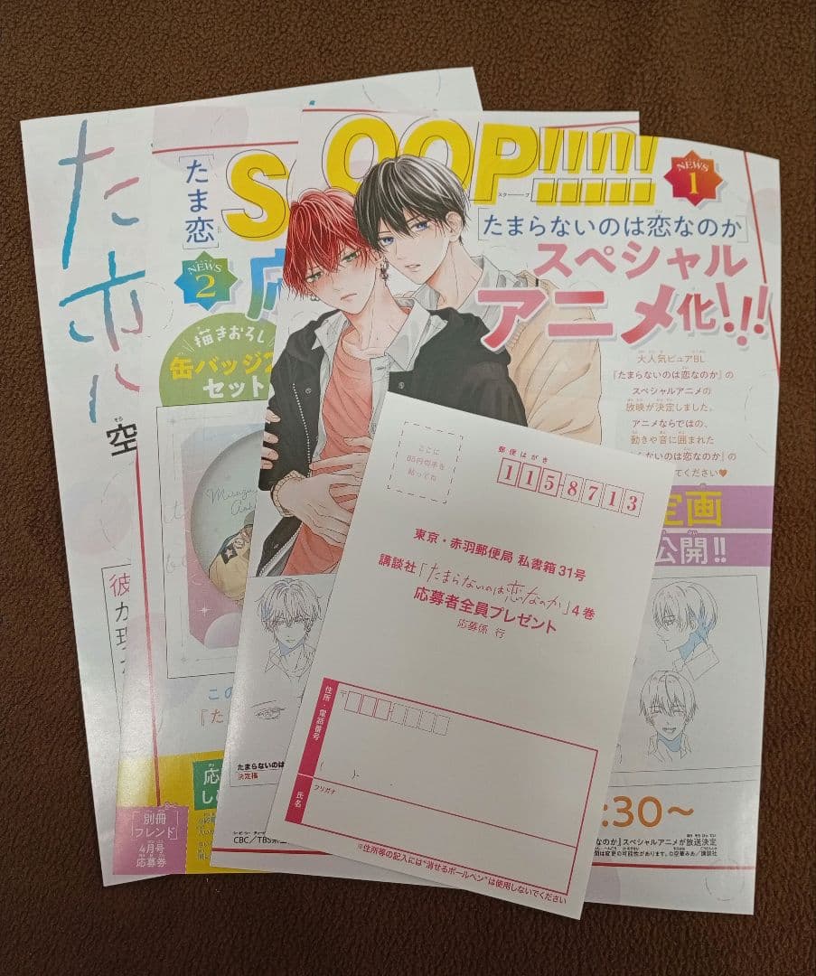 たまらないのは恋なのか4 描き下ろし缶バッジ2個セット 応募ハガキ