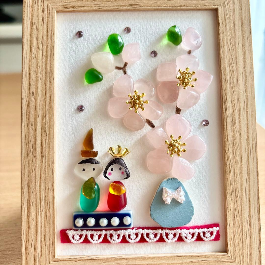 シーグラスアート＊ひな祭り♡ 桃の花と可愛い豆雛様 天然石 癒し