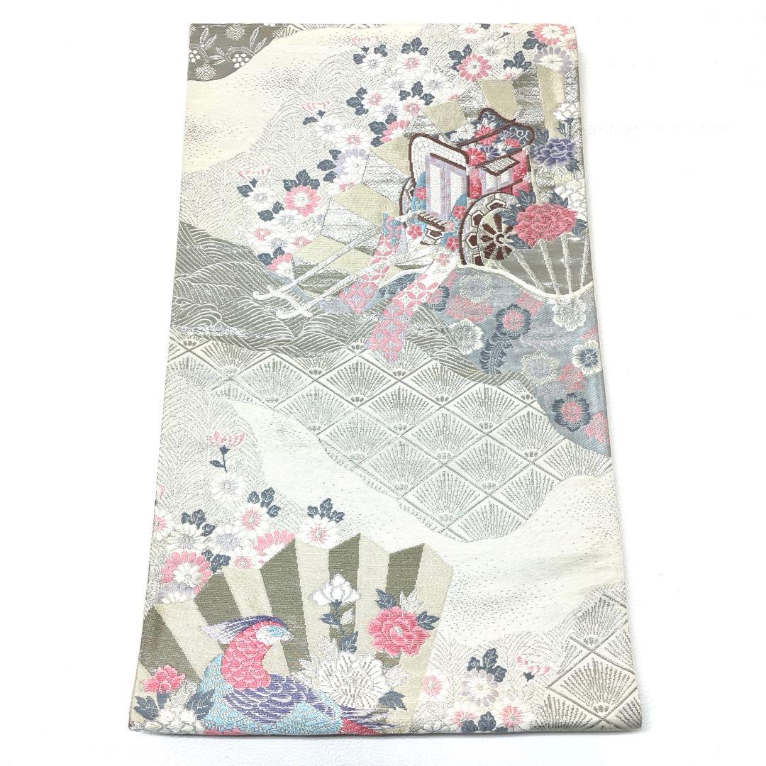 A1790 ○高級 正絹 唐織 全プラチナ箔 花車扇鳥文 六通 袋帯 - メルカリ