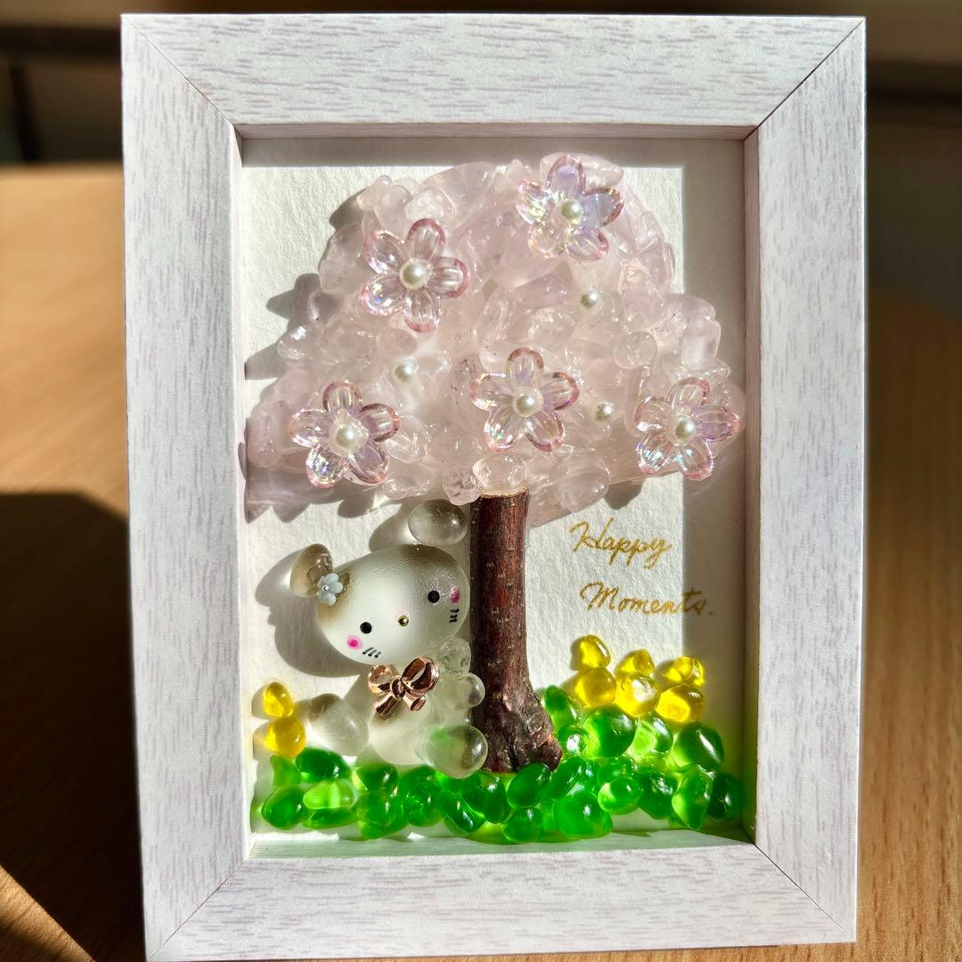 シーグラスアート＊桜の木にぎゅっ♡子猫ちゃん春のひととき 天然石