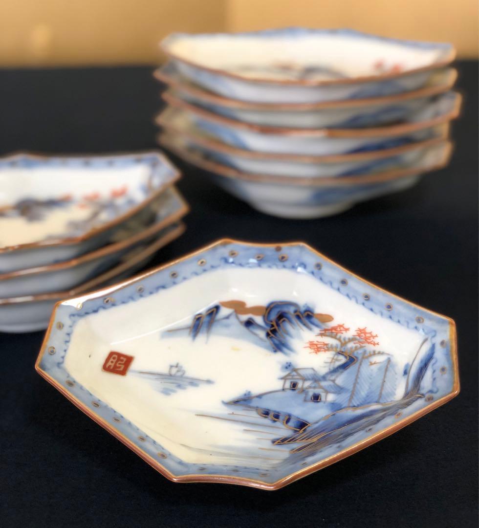 R》伊万里 染付金彩 山水図 菱形皿9客 変形皿250714E2