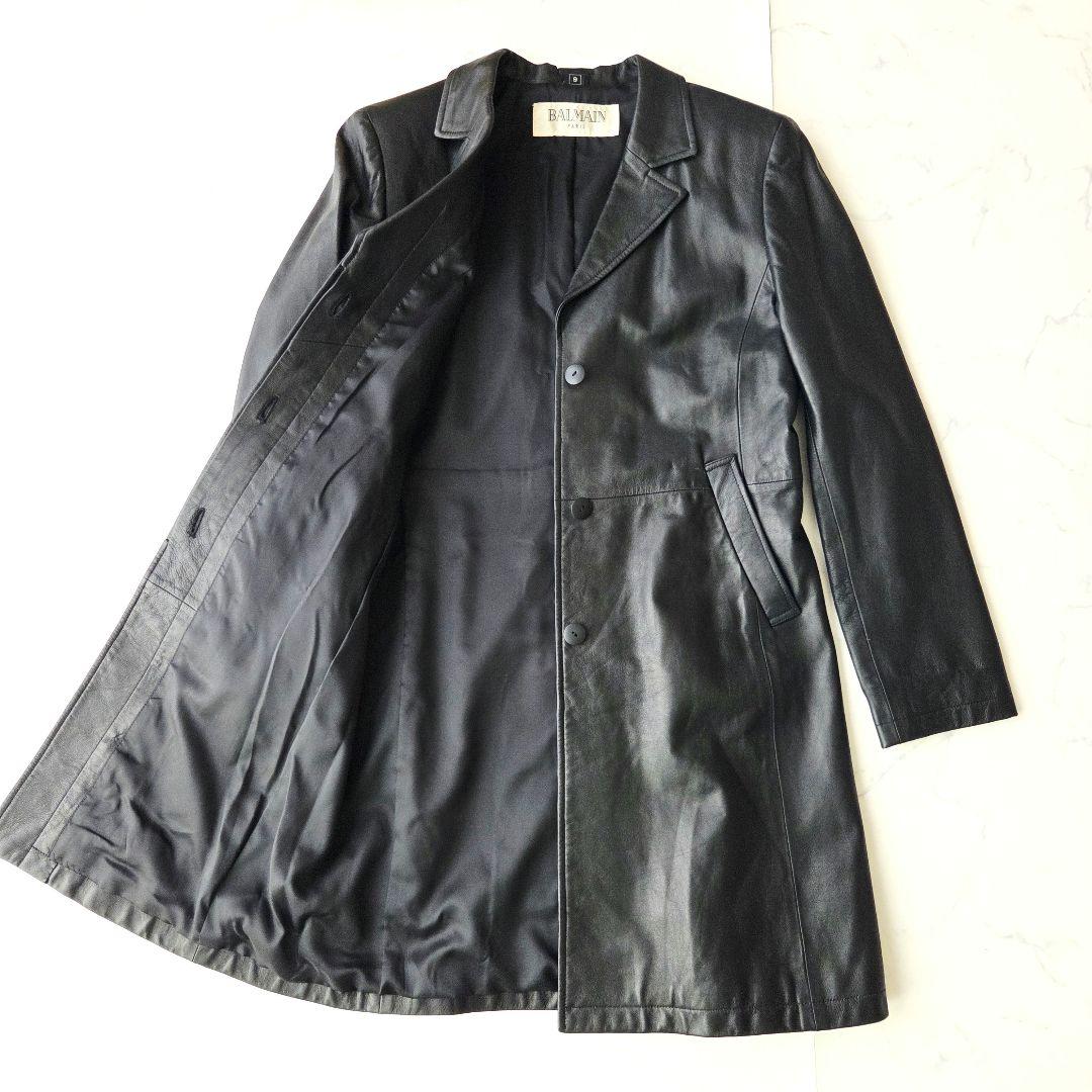 美品✨️ 北川製 BALMAIN バルマン ラムレザー ロングコート 黒 9号