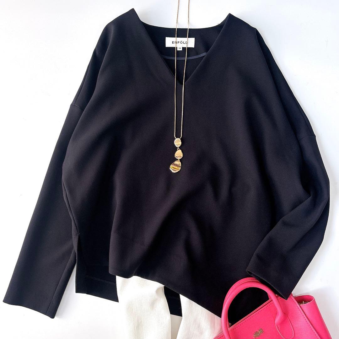 美品⁑エンフォルド　アシンメトリー Vネックブラウスプルオーバー　ネイビー　38 ENFOLD エンフォルド 24SS ASYMMETRY COLLAR BLOUSE アシンメトリー