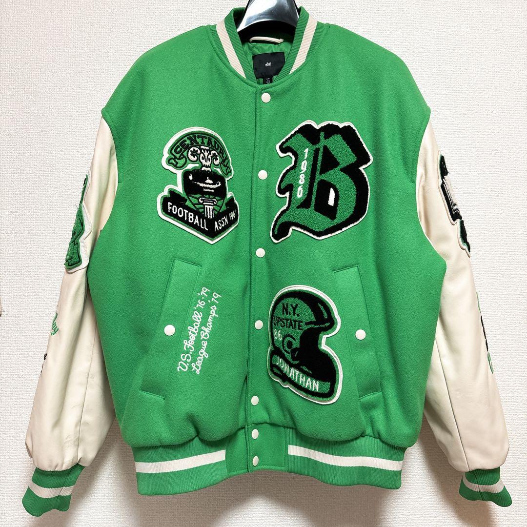 スタジャン 緑 クリーム 刺繍 ワッペン 合皮 キルティング H&M - メルカリ