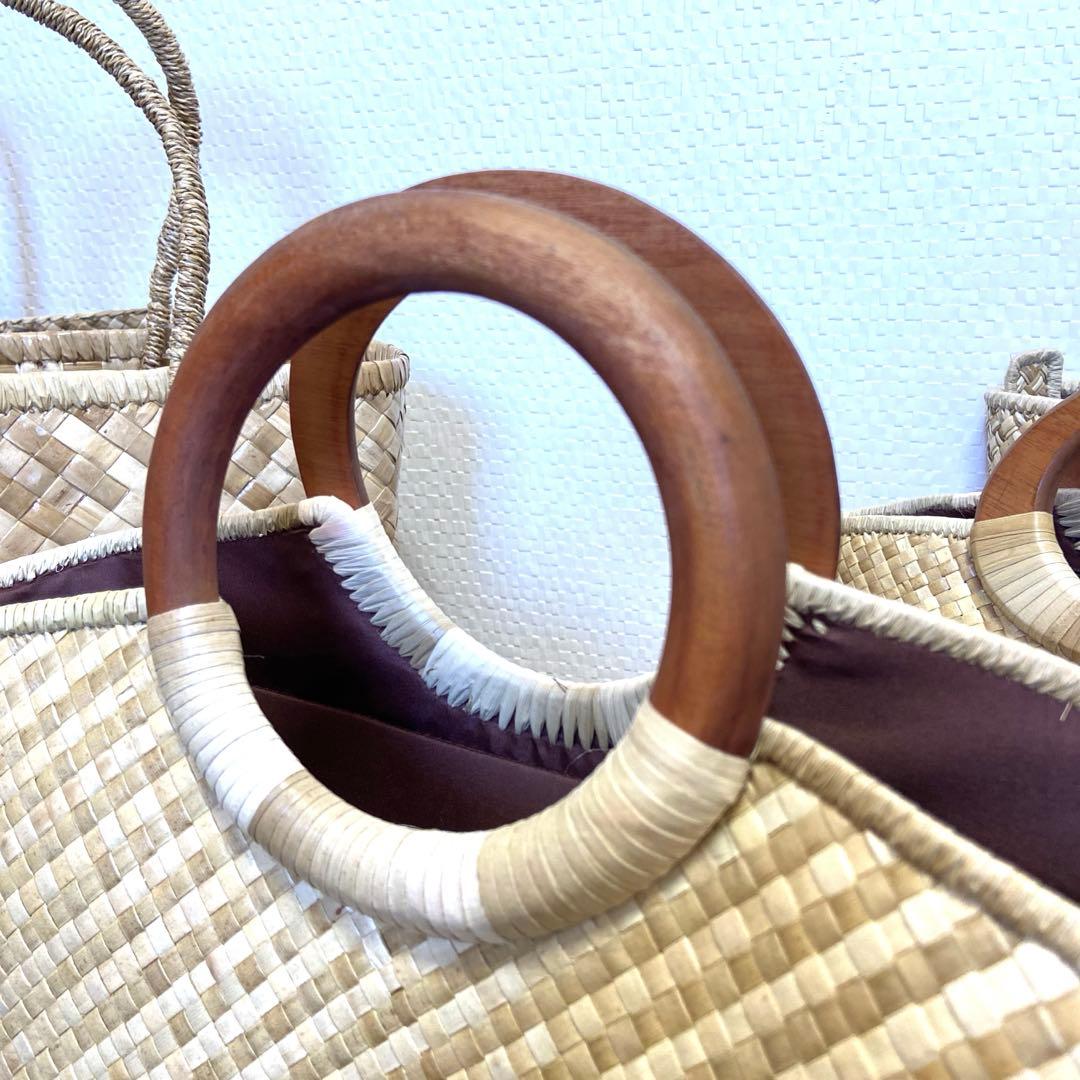 新品ハワイから到着したて ラウハラバッグ 人気ウッドサークル持ち手