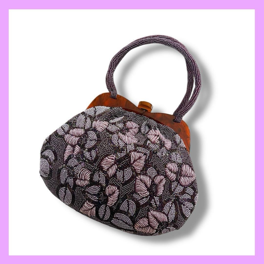 ヴィンテージ ビーズバッグ 紫 パープルべっ甲がま口総ビーズ昭和