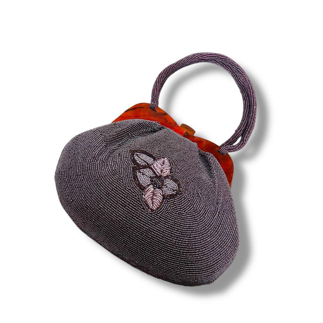 ヴィンテージ ビーズバッグ 紫 パープルべっ甲がま口総ビーズ昭和