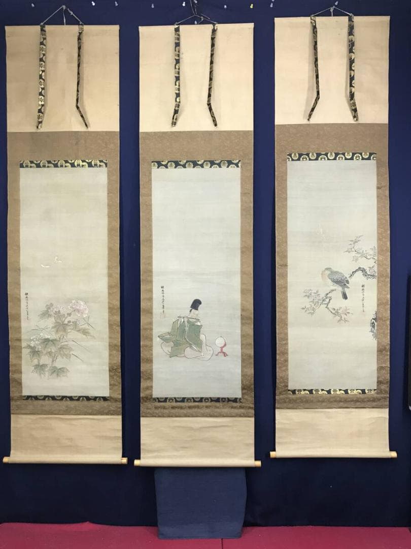 真作/狩野探幽/成道、鳩、芙蓉図/三幅対/極札/花鳥図/掛軸名家伝来AH