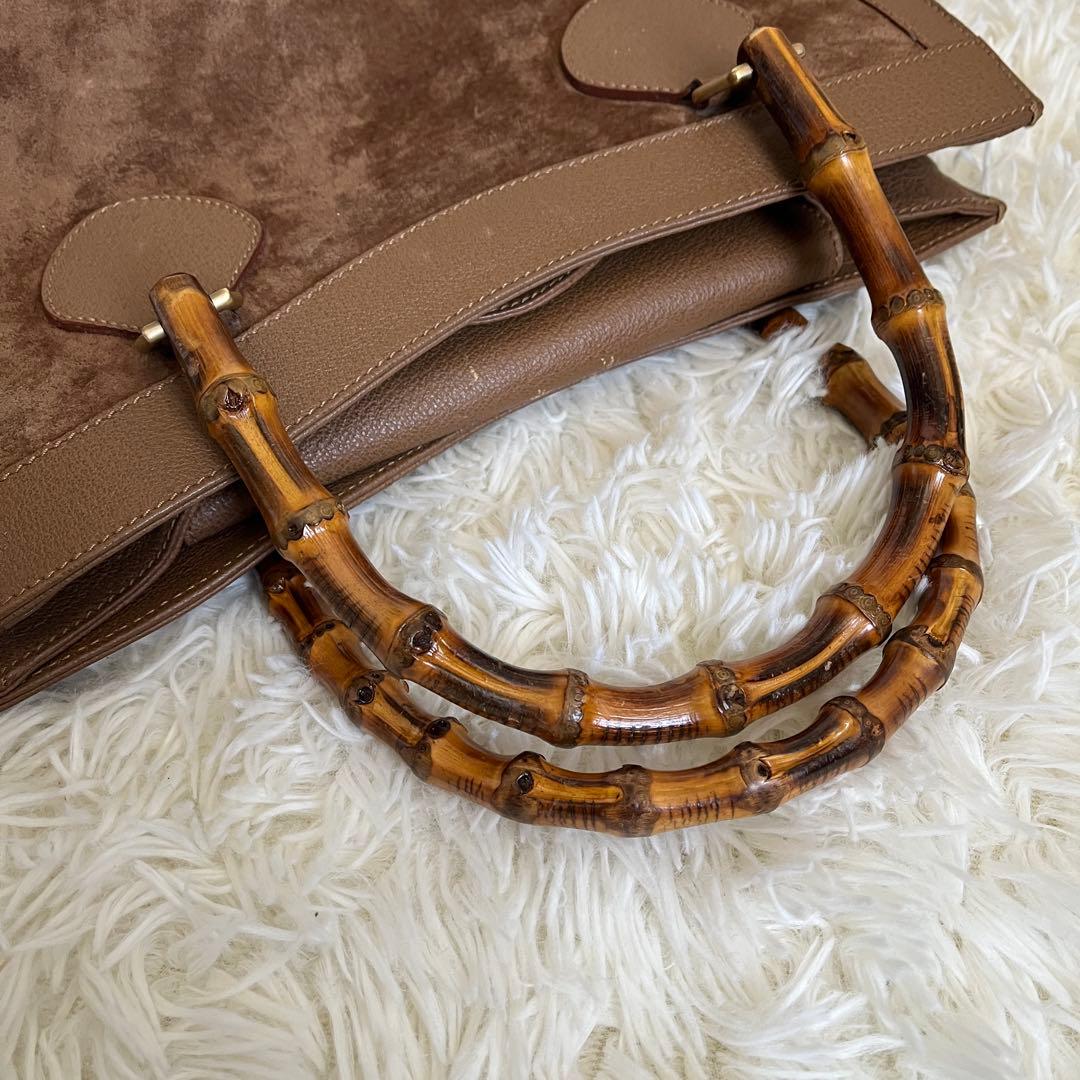 GUCCI ブラウン スエード トートバッグ バンブーハンドル