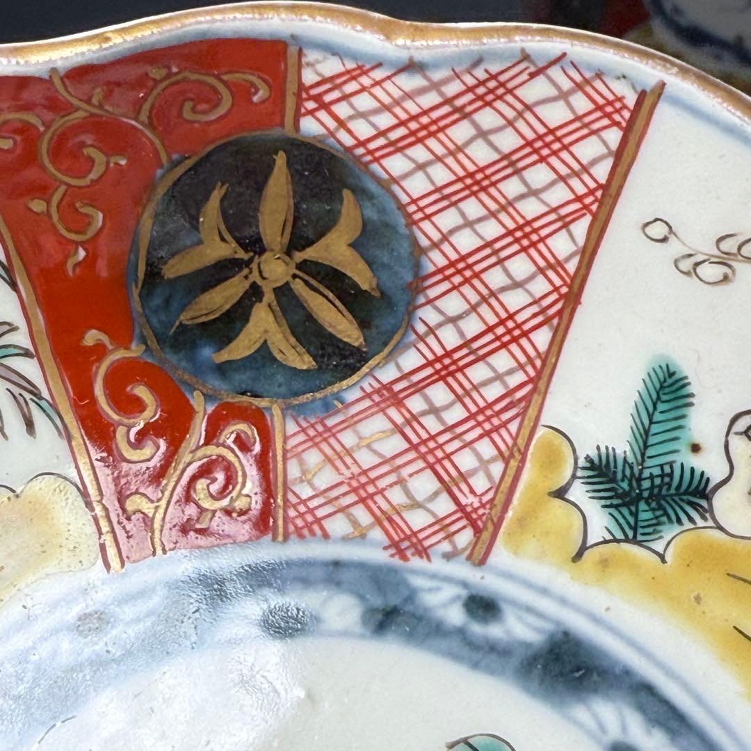 江戸中期〜後期 古伊万里 色絵柘榴文菊花形 なます皿 5枚 裏七宝結文