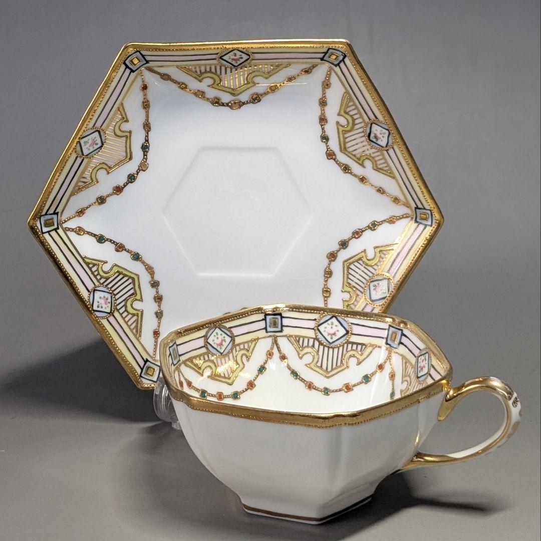 オールドノリタケ・金盛上陽刻薔薇柄 ガーランド装飾 ヘキサゴン