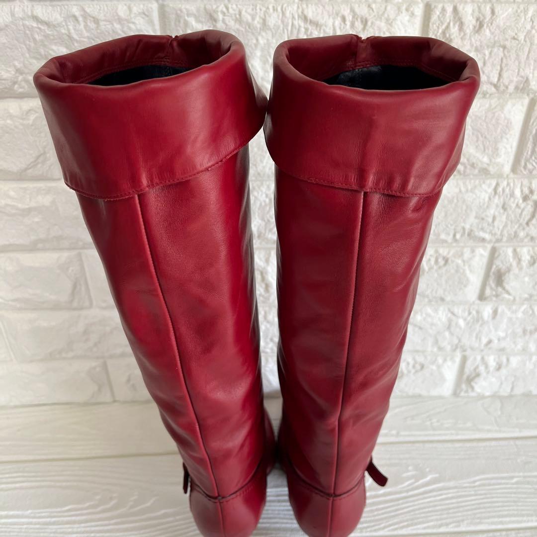 極美品】Sergio rossiレッド 本革ロング ブーツ 22.5ベルト装飾 - メルカリ