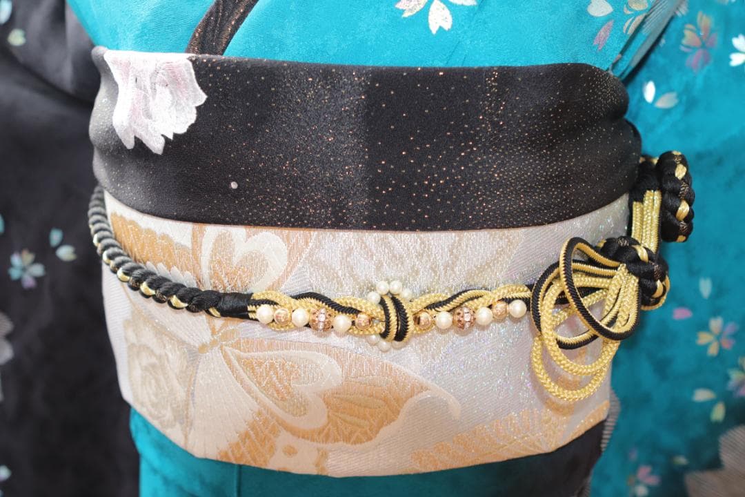 振袖フルセット ターコイズブルー×黒 粋 モダン 大輪花 成人式 - メルカリ