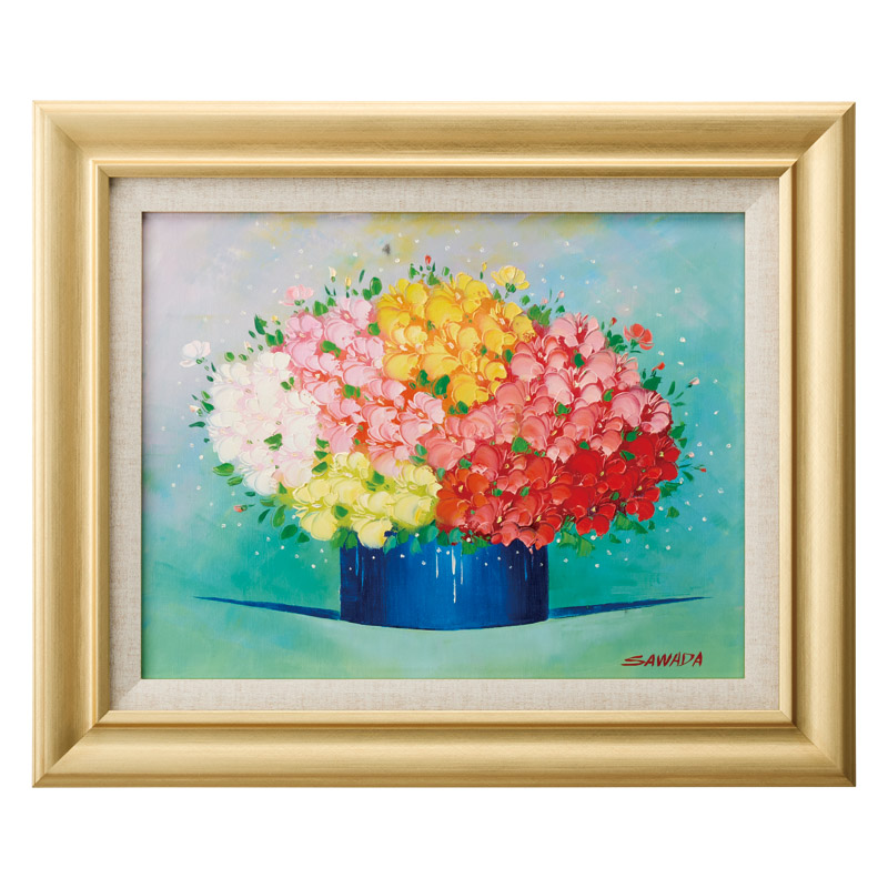 油絵 菅家令子 絵 絵画インテリア額付(青緑＋金色の枠) F4-081114子供