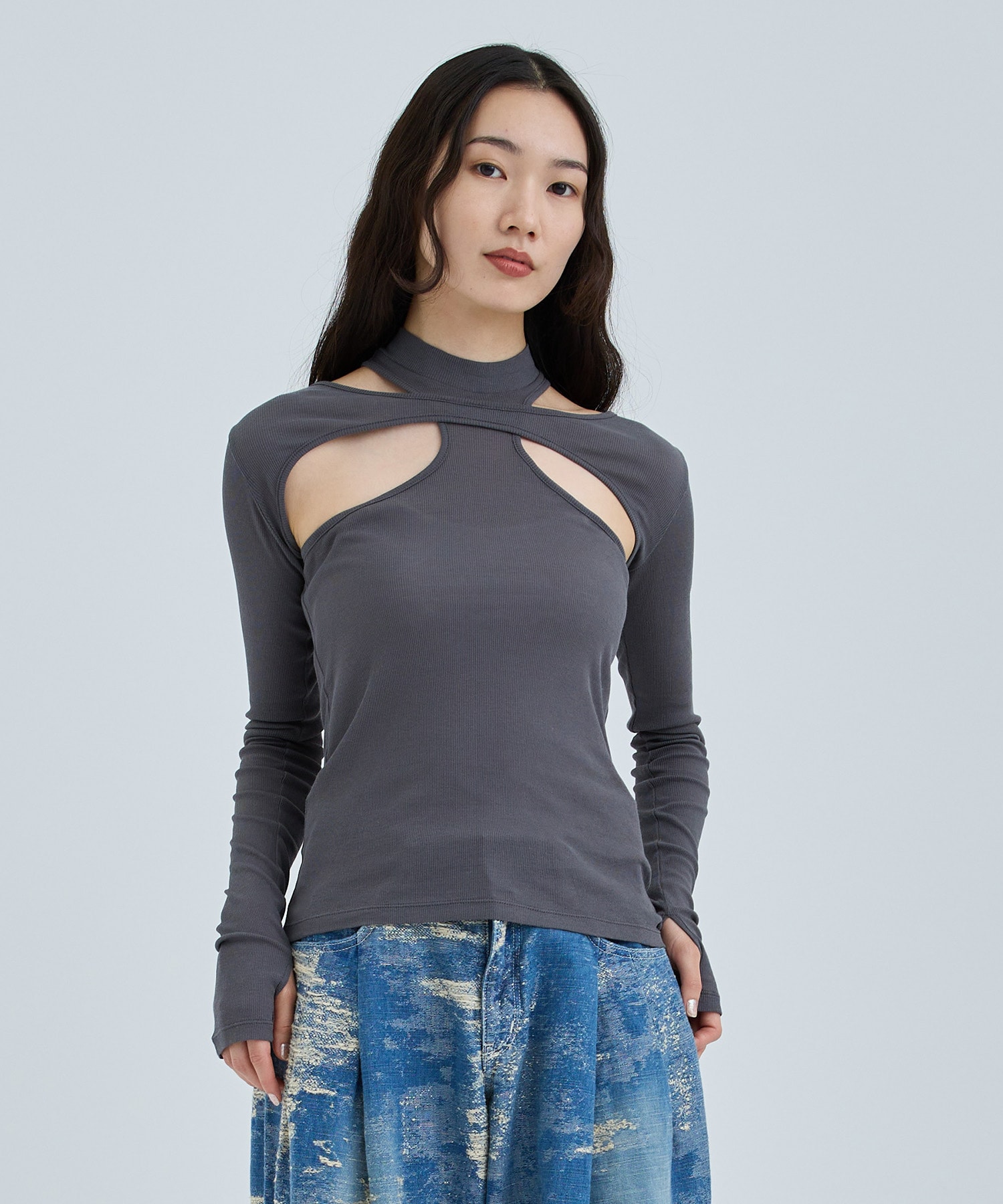 RIB LAYERED HI-NECK TOP(FREE GREY): JOHN LAWRENCE SULLIVAN: WOMENS