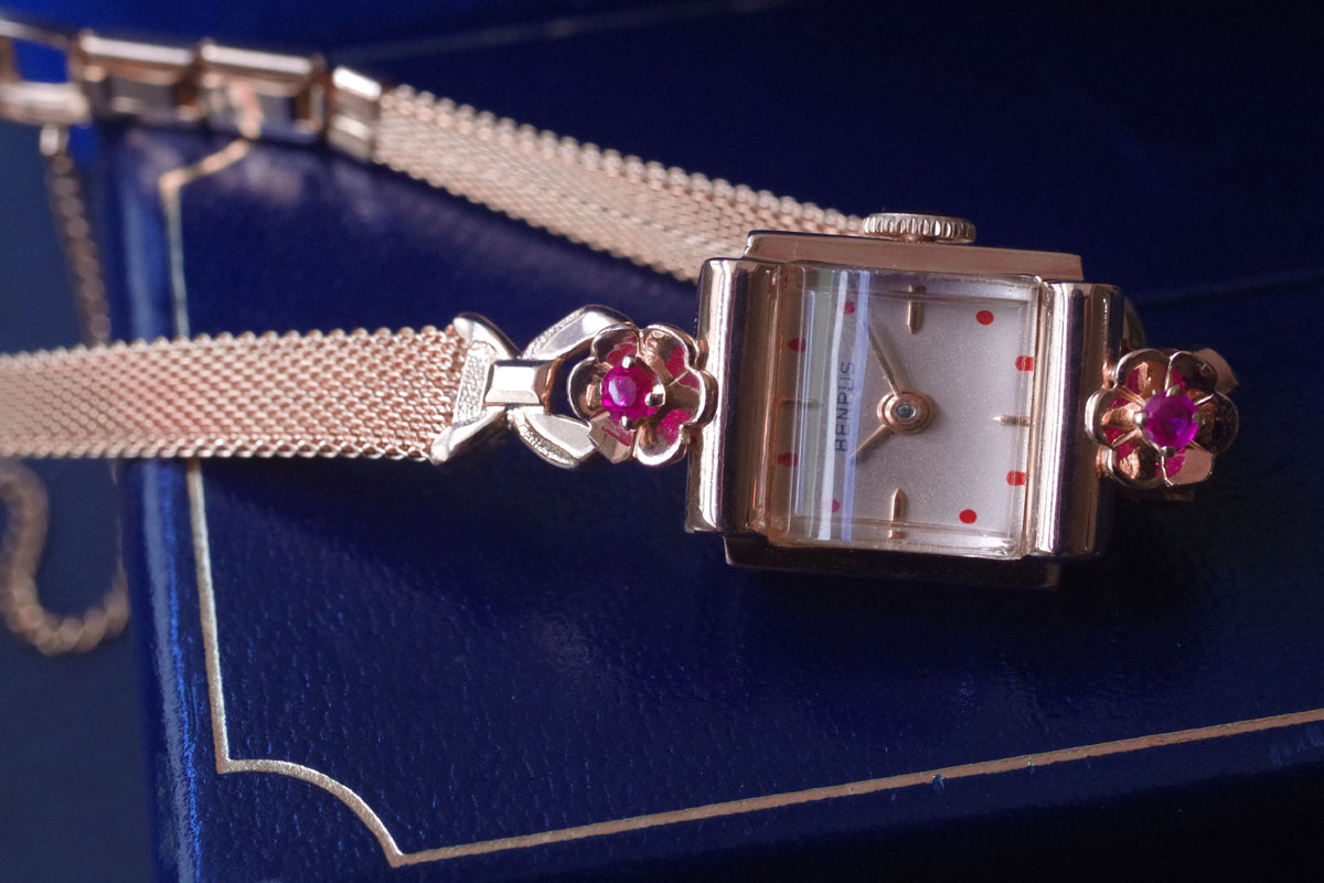 BENRUS ベンラス 14金ピンクゴールド＆ルビー アンティーク機械式時計